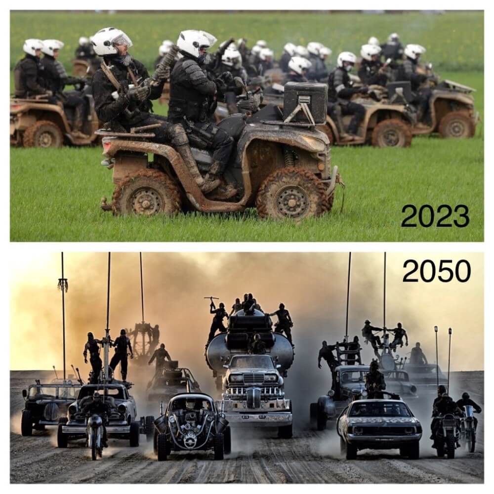 2023 : Des policiers en Quad lors de la manifestation contre la méga-bassine de Sainte-Soline / 2050 : image tirée de Mad Max où l'on voit des véhicules venir de face.