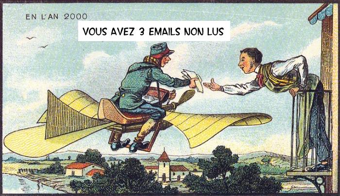 Un postier sur un objet volant apporte du courrier : "vous avez 3 emails non lus"