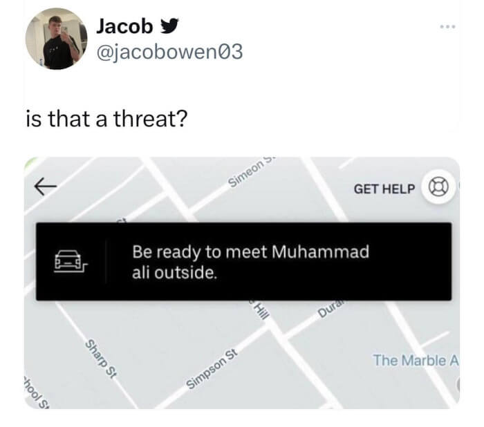 Notification Uber : "Be ready to meet Muhammad Ali outside"